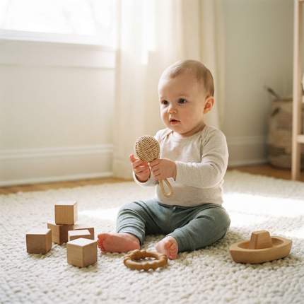 Baby zit op een zacht kleed in een lichte kinderkamer en speelt met houten babyspeelgoed, een rammelaar en bijtring binnen handbereik.