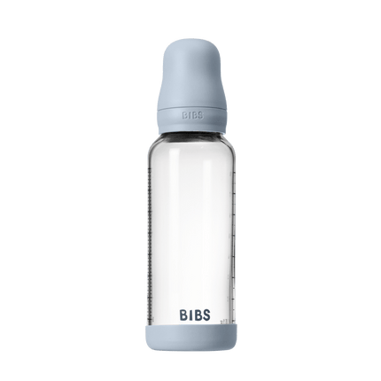 BIBS BIBS Glass Baby Bottle Round Latex 1 pack 240 ml Slow Medium Baby Blue - Babywinkel - 5713795265619