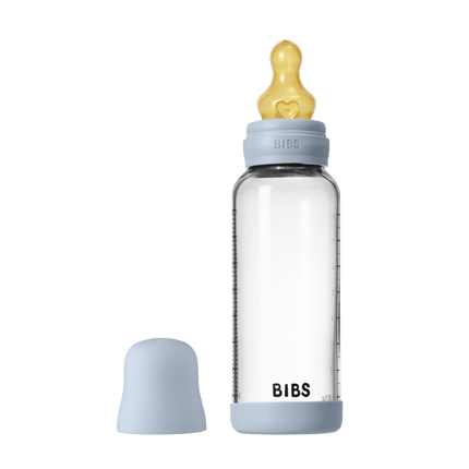 BIBS BIBS Glass Baby Bottle Round Latex 1 pack 240 ml Slow Medium Baby Blue - Babywinkel - 5713795265619