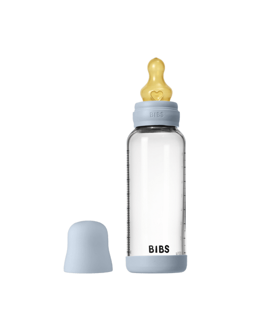 BIBS BIBS Glass Baby Bottle Round Latex 1 pack 240 ml Slow Medium Baby Blue - Babywinkel - 5713795265619