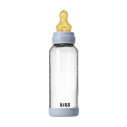 BIBS BIBS Glass Baby Bottle Round Latex 1 pack 240 ml Slow Medium Baby Blue - Babywinkel - 5713795265619