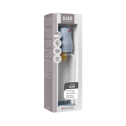 BIBS BIBS Glass Baby Bottle Round Latex 1 pack 240 ml Slow Medium Baby Blue - Babywinkel - 5713795265619