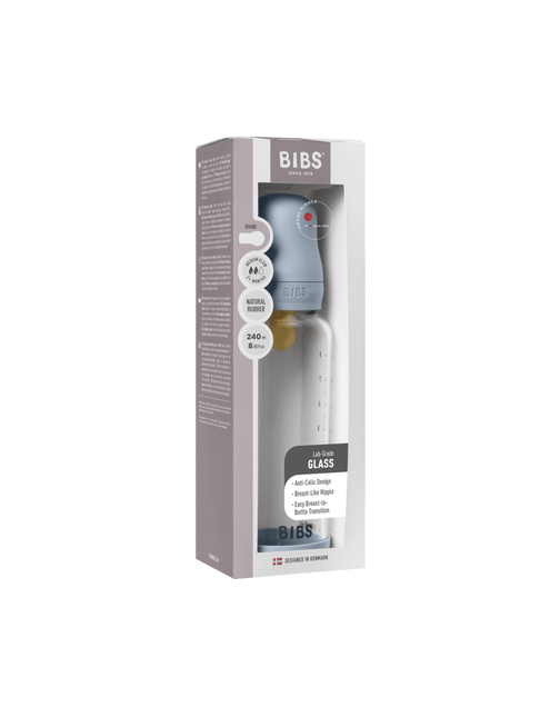 BIBS BIBS Glass Baby Bottle Round Latex 1 pack 240 ml Slow Medium Baby Blue - Babywinkel - 5713795265619