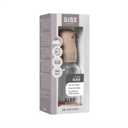 BIBS BIBS Glass Baby Bottle Round Siliconen 1 pack 120 ml Slow Flow Blush - Babywinkel - 5713795265664