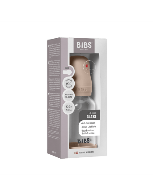 BIBS BIBS Glass Baby Bottle Round Siliconen 1 pack 120 ml Slow Flow Blush - Babywinkel - 5713795265664