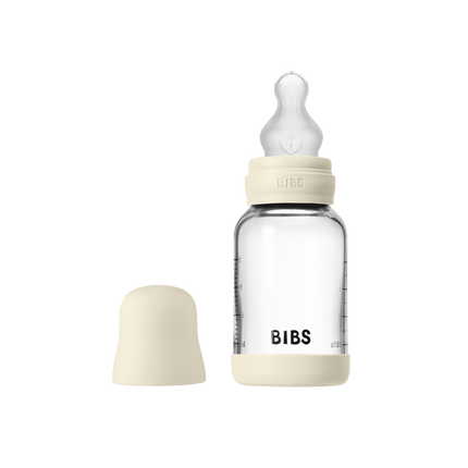 BIBS BIBS Glass Baby Bottle Round Siliconen 1 pack 120 ml Slow Flow Ivory - Babywinkel - 5713795265671