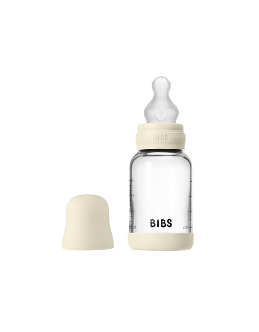 BIBS BIBS Glass Baby Bottle Round Siliconen 1 pack 120 ml Slow Flow Ivory - Babywinkel - 5713795265671
