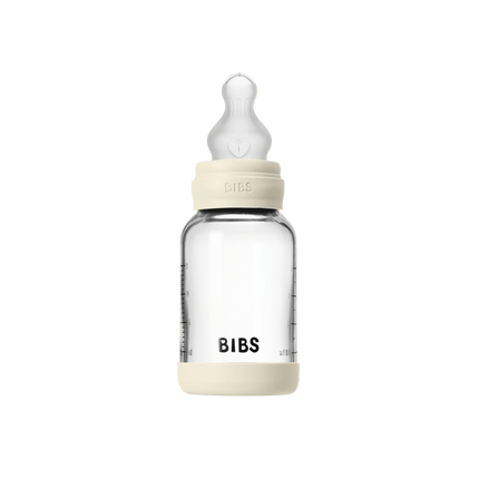 BIBS BIBS Glass Baby Bottle Round Siliconen 1 pack 120 ml Slow Flow Ivory - Babywinkel - 5713795265671