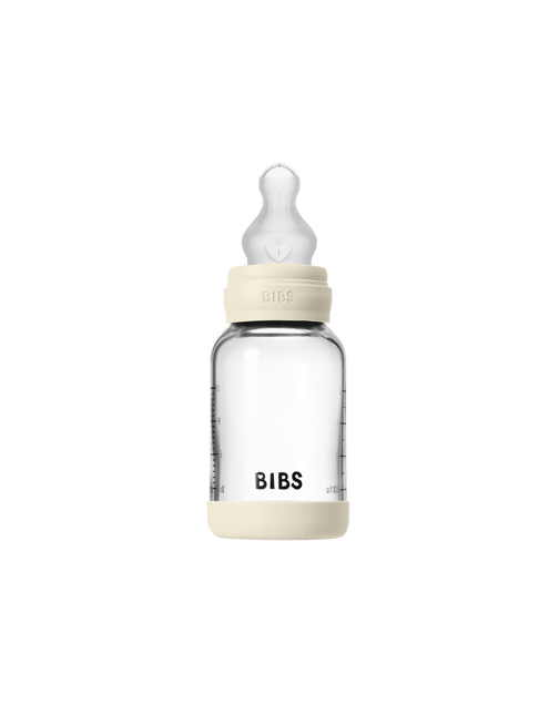 BIBS BIBS Glass Baby Bottle Round Siliconen 1 pack 120 ml Slow Flow Ivory - Babywinkel - 5713795265671