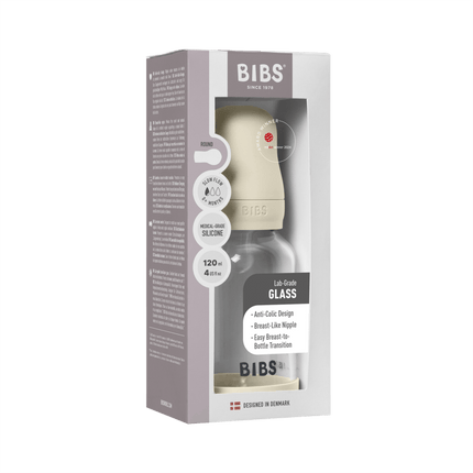 BIBS BIBS Glass Baby Bottle Round Siliconen 1 pack 120 ml Slow Flow Ivory - Babywinkel - 5713795265671