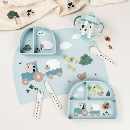 Leerbeker met tuit en handvatten Tiny farm Blue koop je bij Babywinkel