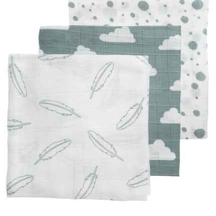 Meyco Hydrofiele Doek 3St Feathers - Clouds - Dots Stone Green/Wit 100% katoen - Meyco - Babywinkel - 4054703452037