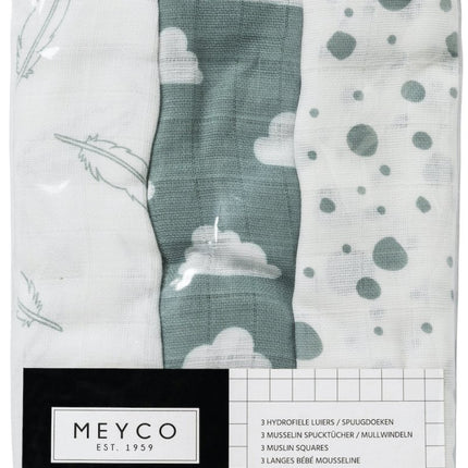 Meyco Hydrofiele Doek 3St Feathers - Clouds - Dots Stone Green/Wit 100% katoen - Meyco - Babywinkel - 4054703452037