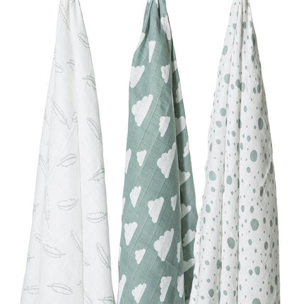 Meyco Hydrofiele Doek 3St Feathers - Clouds - Dots Stone Green/Wit - Meyco - Babywinkel - 4054703001303