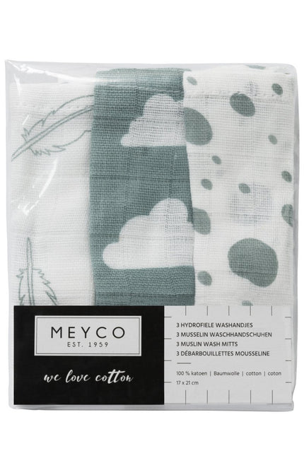 Meyco Washandje 3St Feathers - Clouds - Dots Stone Green/Wit - Meyco - Babywinkel - 4054703458039
