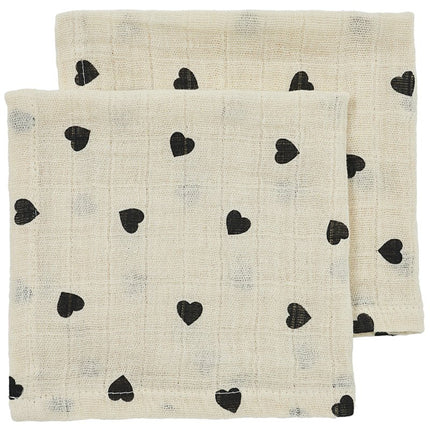 Monddoekjes 2 - pack pre - washed hydrofiel Sweet Heart - soft sand/black - 30x30cm - Babywinkel - 4054703683226