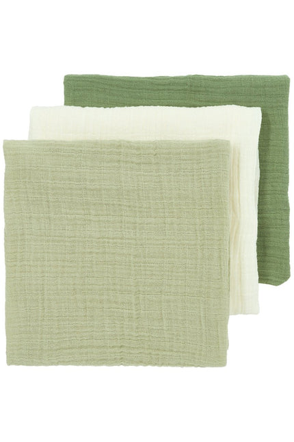 Pre - washed hydrofiele doeken 3 - pack Uni - naturel/soft olive/olive green - 70x70cm - Babywinkel - 4054703508437
