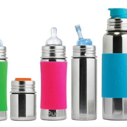 Pura Thermosfles Rvs Speenfles 260Ml Silicone Speen Medium Flow + Silicone Reisdop + Groene Sleeve - Pura - Babywinkel - 853766006546