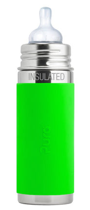 Pura Thermosfles Rvs Speenfles 260Ml Silicone Speen Medium Flow + Silicone Reisdop + Groene Sleeve - Pura - Babywinkel - 853766006546