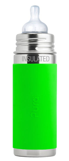 Pura Thermosfles Rvs Speenfles 260Ml Silicone Speen Medium Flow + Silicone Reisdop + Groene Sleeve - Pura - Babywinkel - 853766006546
