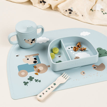Siliconen drinkbeker met tuit en handvatten Tiny farm Blue koop je bij Babywinkel