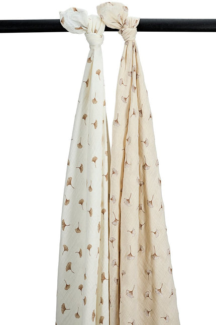 Swaddle 2 - pack pre - washed hydrofiel Ginkgo - offwhite/soft sand - 120x120cm - Babywinkel - 4054703529067