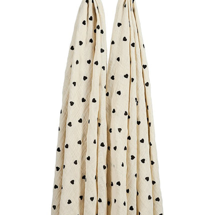 Swaddle 2 - pack pre - washed hydrofiel Sweet Heart - soft sand/black - 120x120cm - Babywinkel - 4054703523621