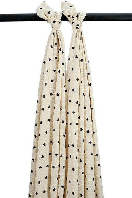 Swaddle 2 - pack pre - washed hydrofiel Sweet Heart - soft sand/black - 120x120cm - Babywinkel - 4054703523621