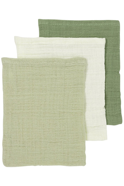 Washandjes 3 - pack pre - washed hydrofiel Uni - naturel/soft olive/olive green - 20x17cm - Babywinkel - 4054703508130